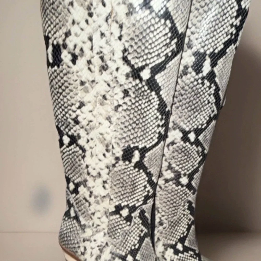 Gianni Bini Snake-Print Knee Boots in Black and Cream - Picture 2 of 4